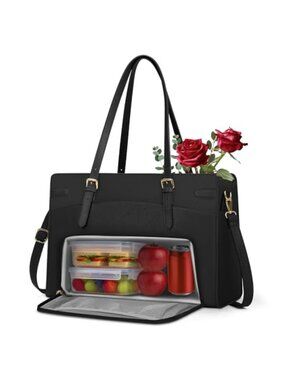 PU Leather Laptop Tote Bag Insulated Lunch Compartment 15.6 inch Work
